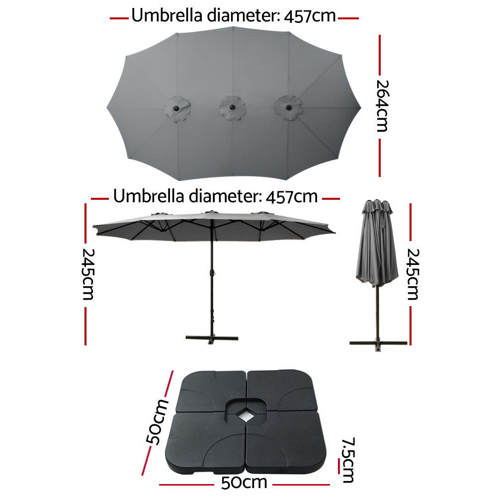 Instahut 4.57m Outdoor Umbrella w/Base Stand Beach Pole Garden Tilt Charcoal view 2