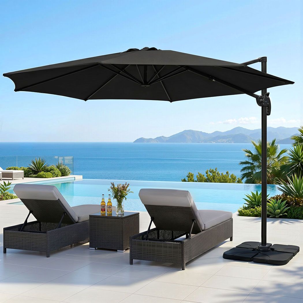 Instahut 3m Outdoor Umbrella w/Base Cantilever Beach Roma 360 Degree Tilt Black view 8