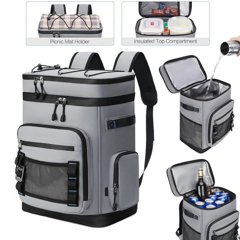 30L Camping Insulated Backpack Hot Cold Storage Gray view 2