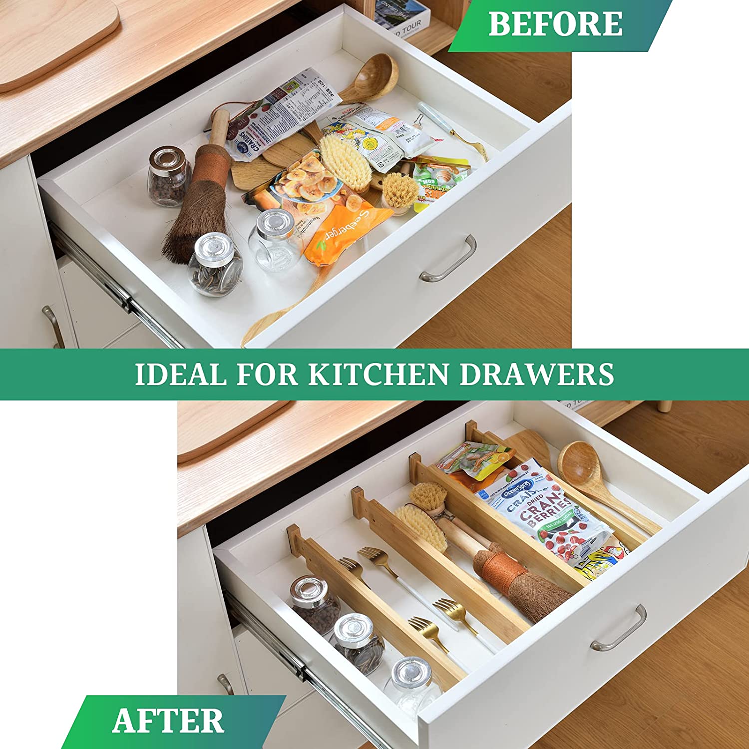 4 Pack Bamboo Adjustable Kitchen Drawer Dividers (Large, 44-55 cm) view 3