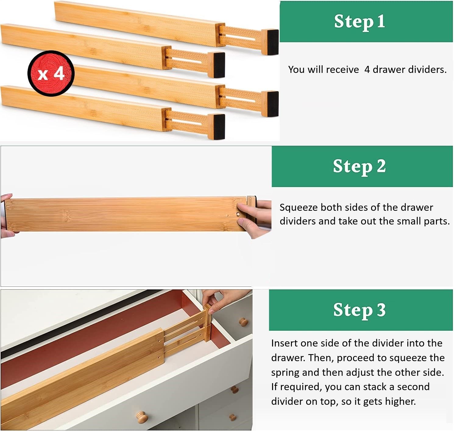 4 Pack Bamboo Adjustable Kitchen Drawer Dividers (Large, 44-55 cm) view 8
