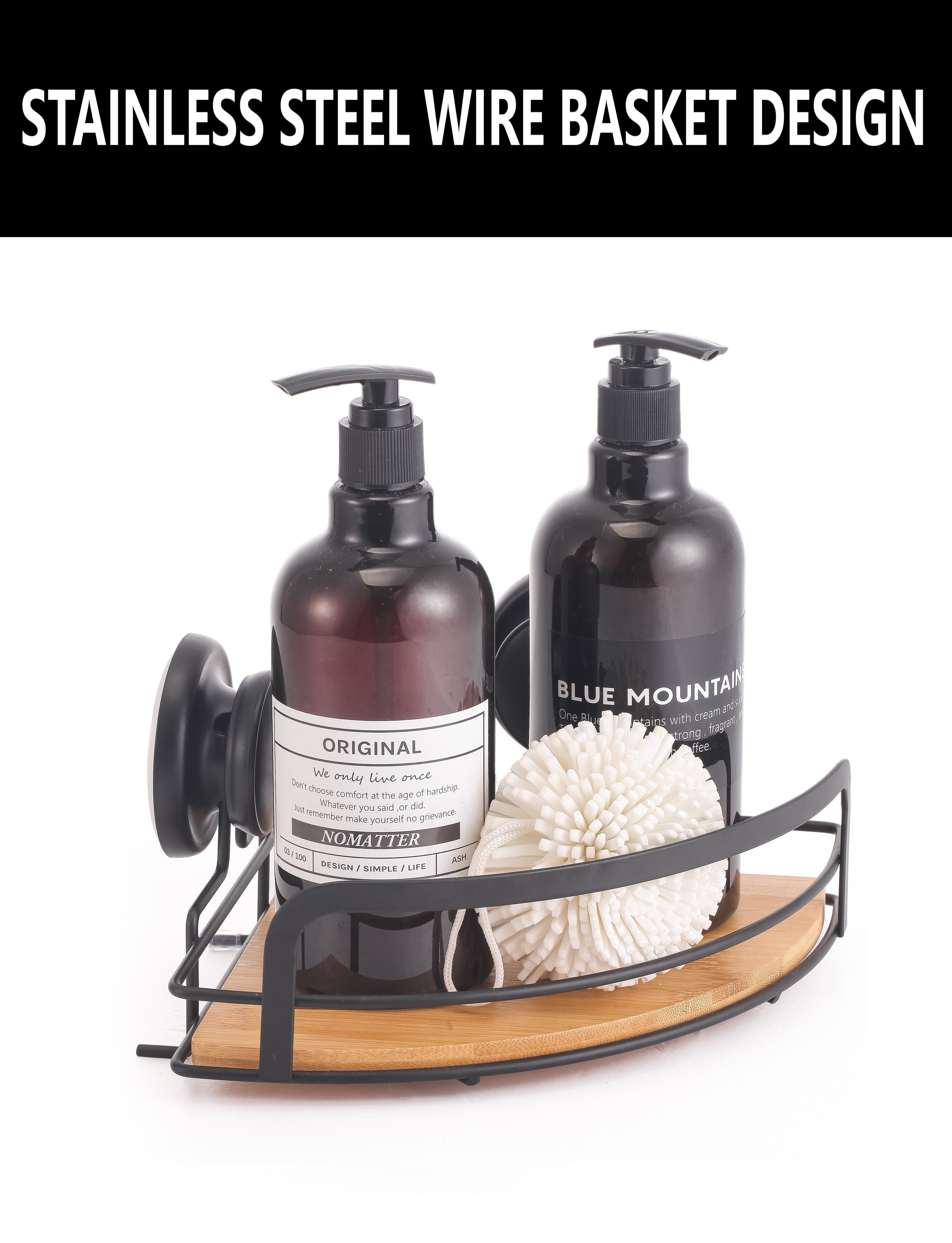 2 Pack Round Bamboo Corner Shower Caddy Shelf Basket Rack with Premium Vacuum view 4