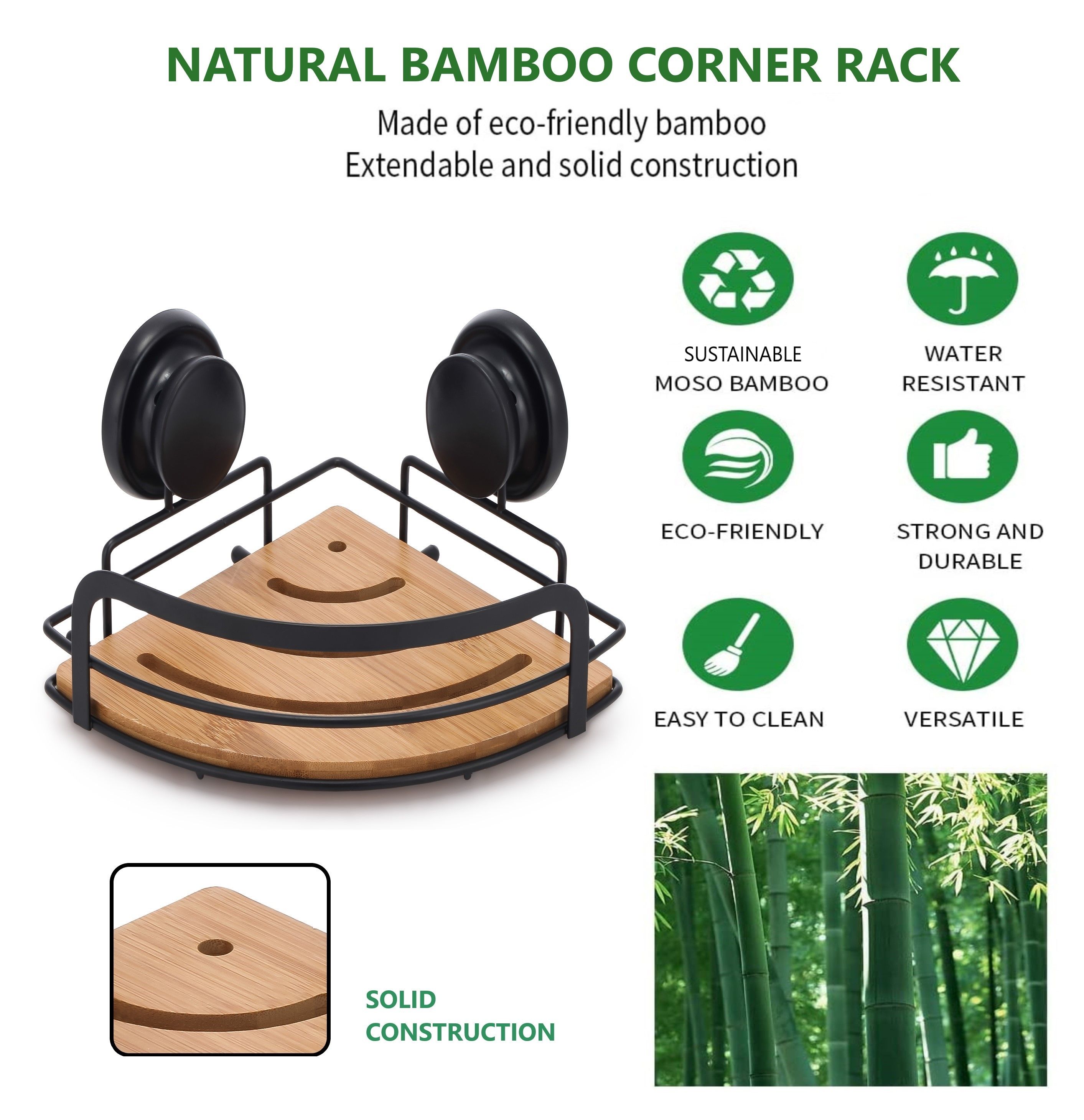 2 Pack Round Bamboo Corner Shower Caddy Shelf Basket Rack with Premium Vacuum view 7