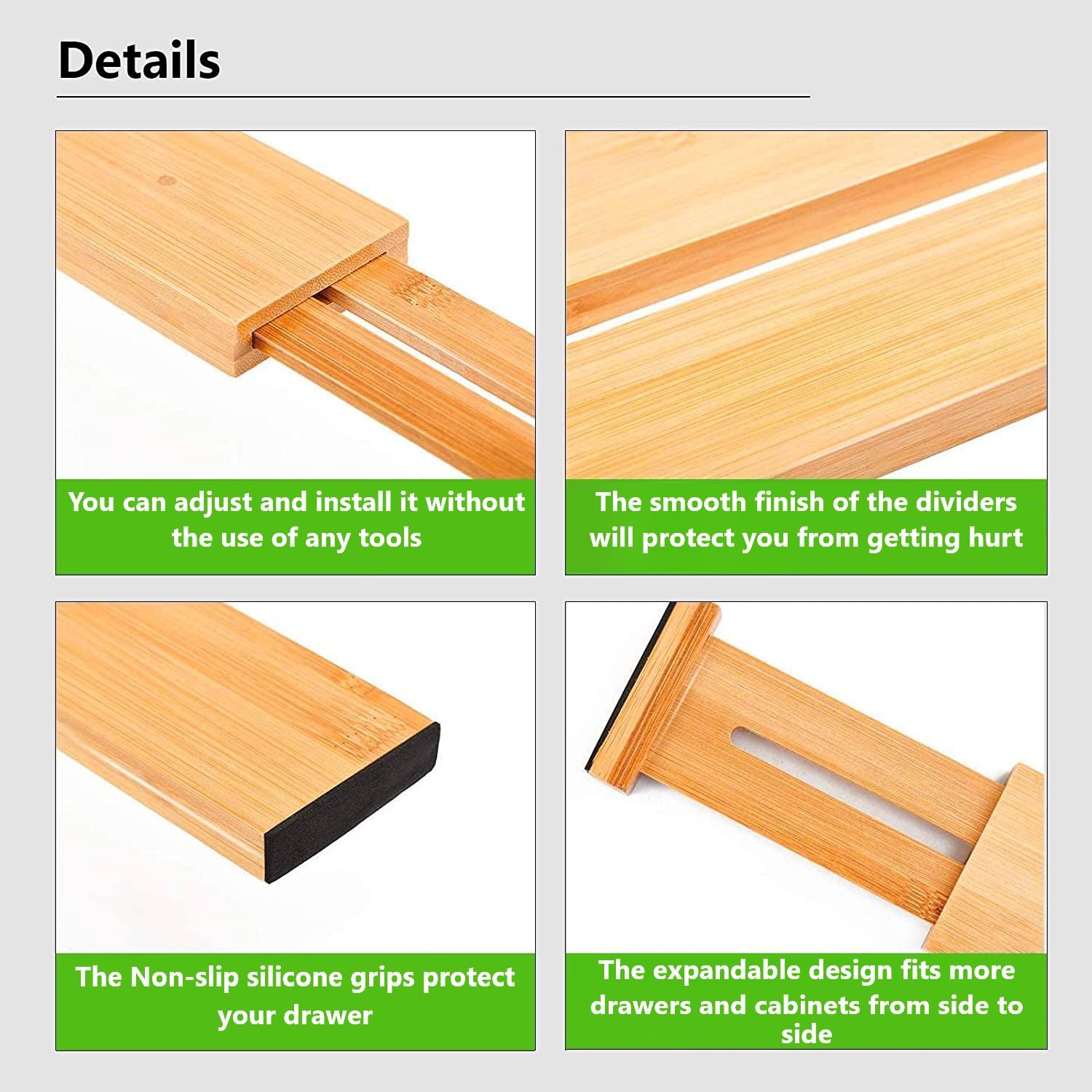 8 Pack Bamboo Adjustable Kitchen Drawer Dividers (Large, 44-55 cm) view 3