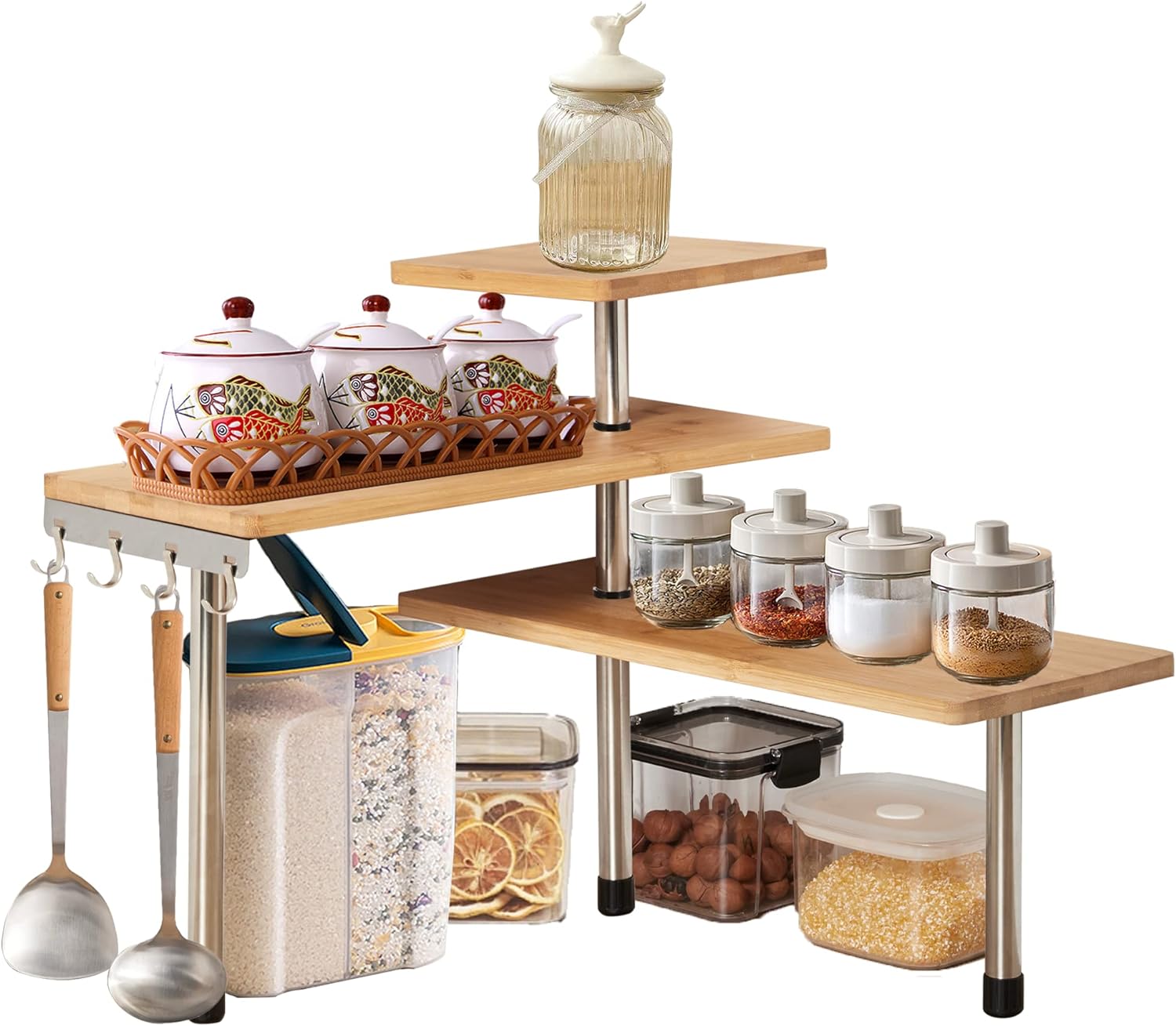CARLA HOME 3 Tier Corner Shelf Kitchen Spice Rack Organiser with Hooks for