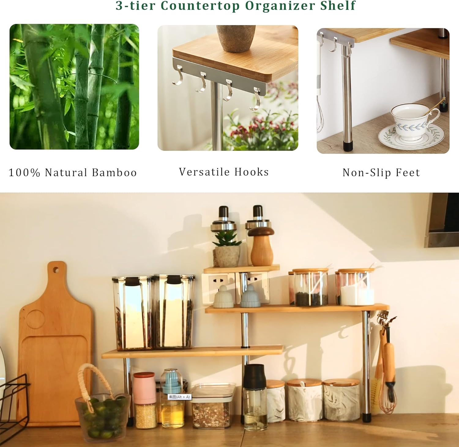 CARLA HOME 3 Tier Corner Shelf Kitchen Spice Rack Organiser with Hooks for view 5