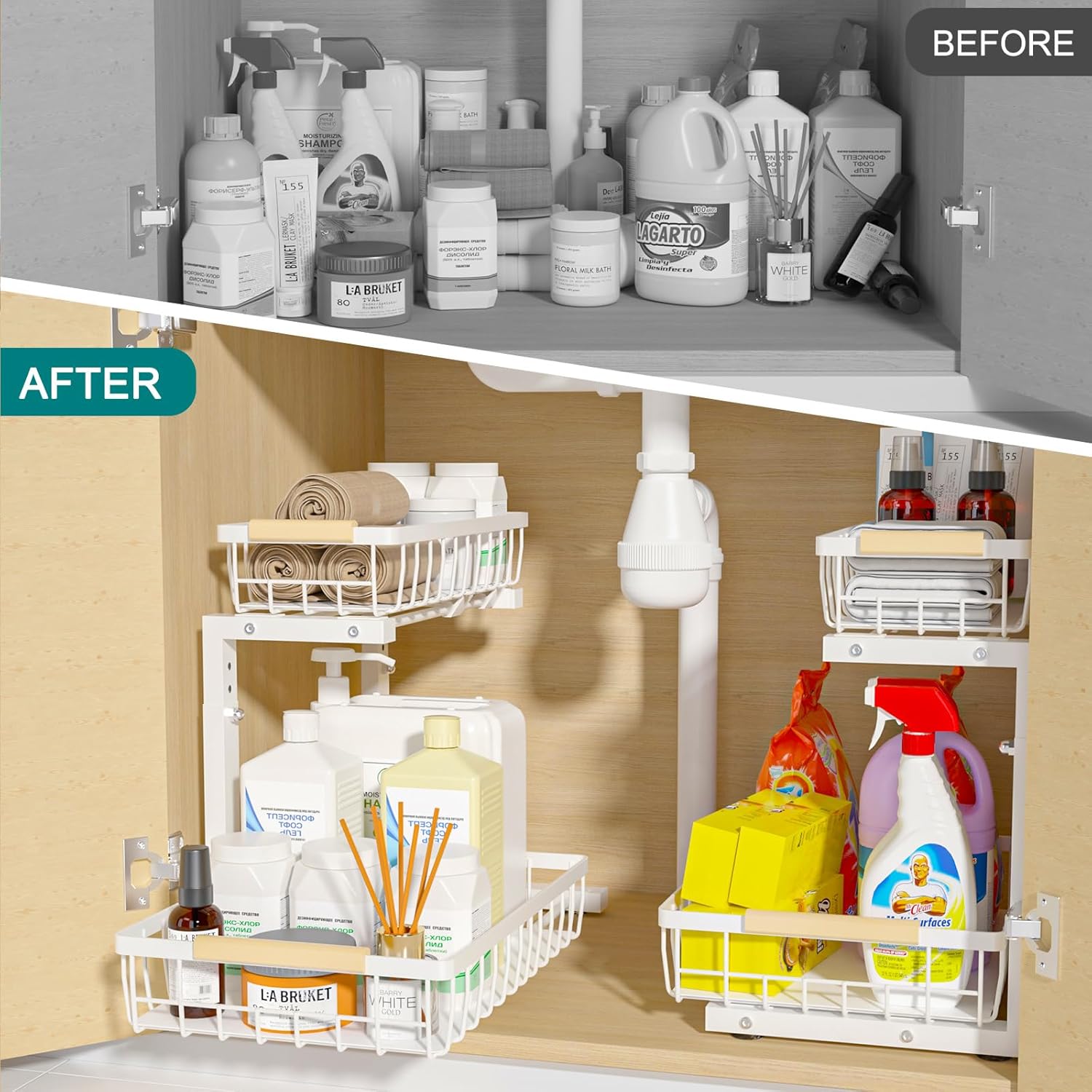 Set 2 pcs - 2-Tier Kitchen Under Sink Organiser Storage with Height Adjustable view 7
