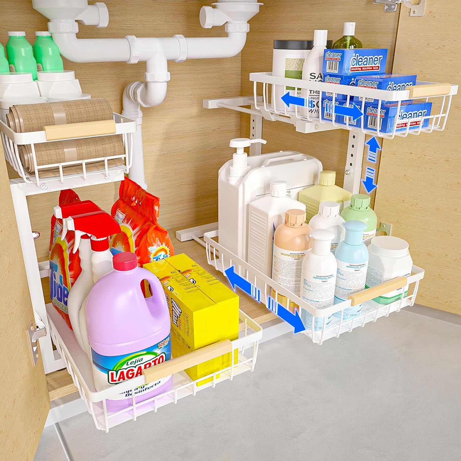 Set 2 pcs - 2-Tier Kitchen Under Sink Organiser Storage with Height Adjustable view 9