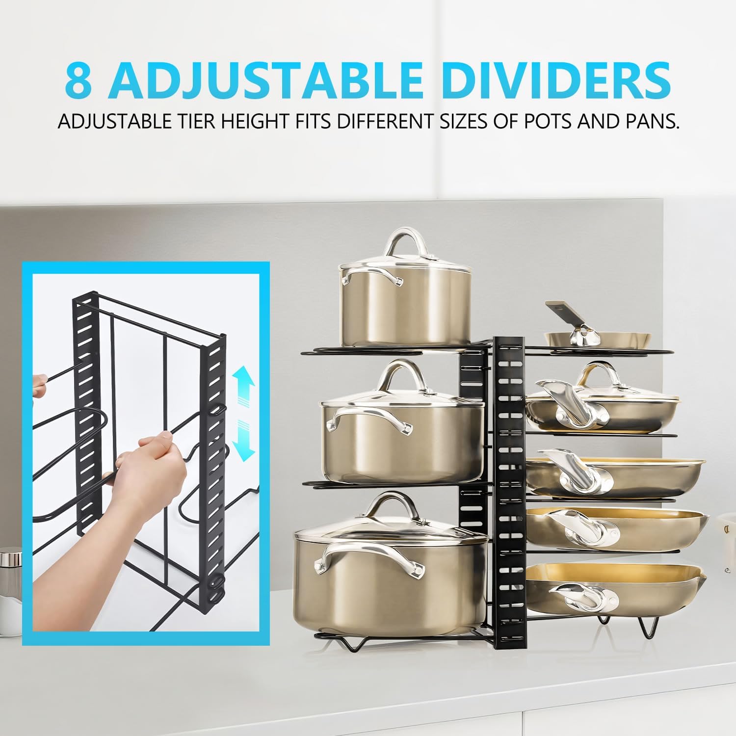 CARLA HOME Adjustable 8-Tier Pan Rack Pot Organizer for Kitchen Cabinet view 6