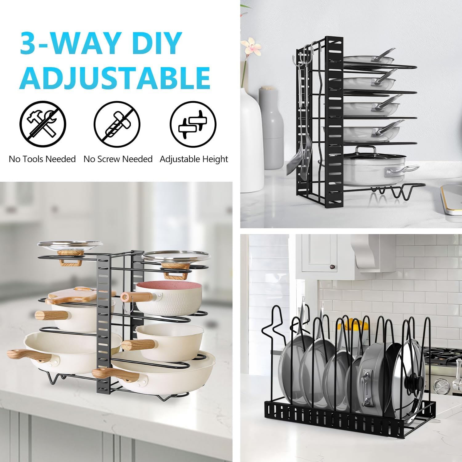 CARLA HOME Adjustable 8-Tier Pan Rack Pot Organizer for Kitchen Cabinet view 8
