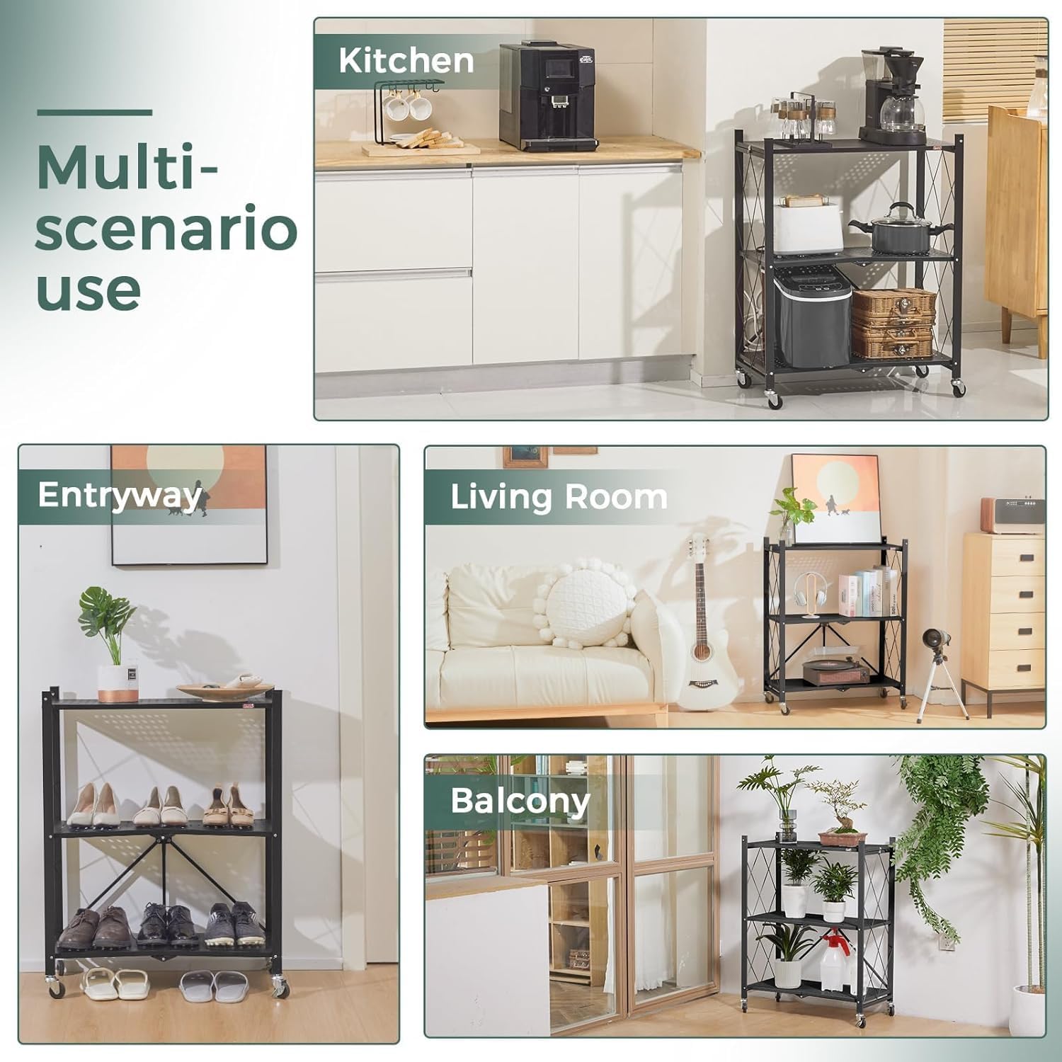 CARLA HOME 3-Tier Foldable Storage Shelf with Wheels for Kitchen view 2