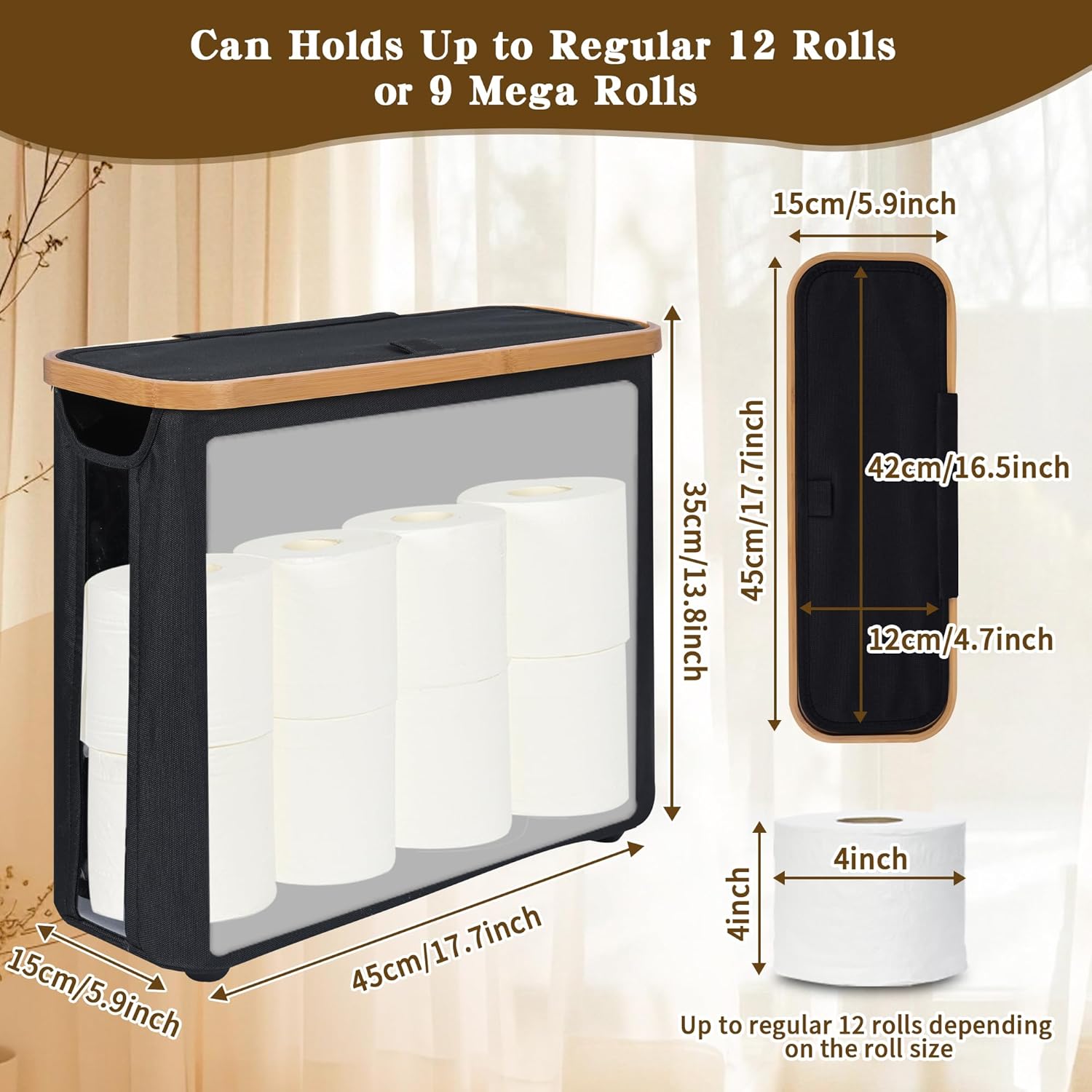 CARLA HOME Toilet Paper Storage Basket Holds Up to 12 Rolls with Bamboo Lid view 3