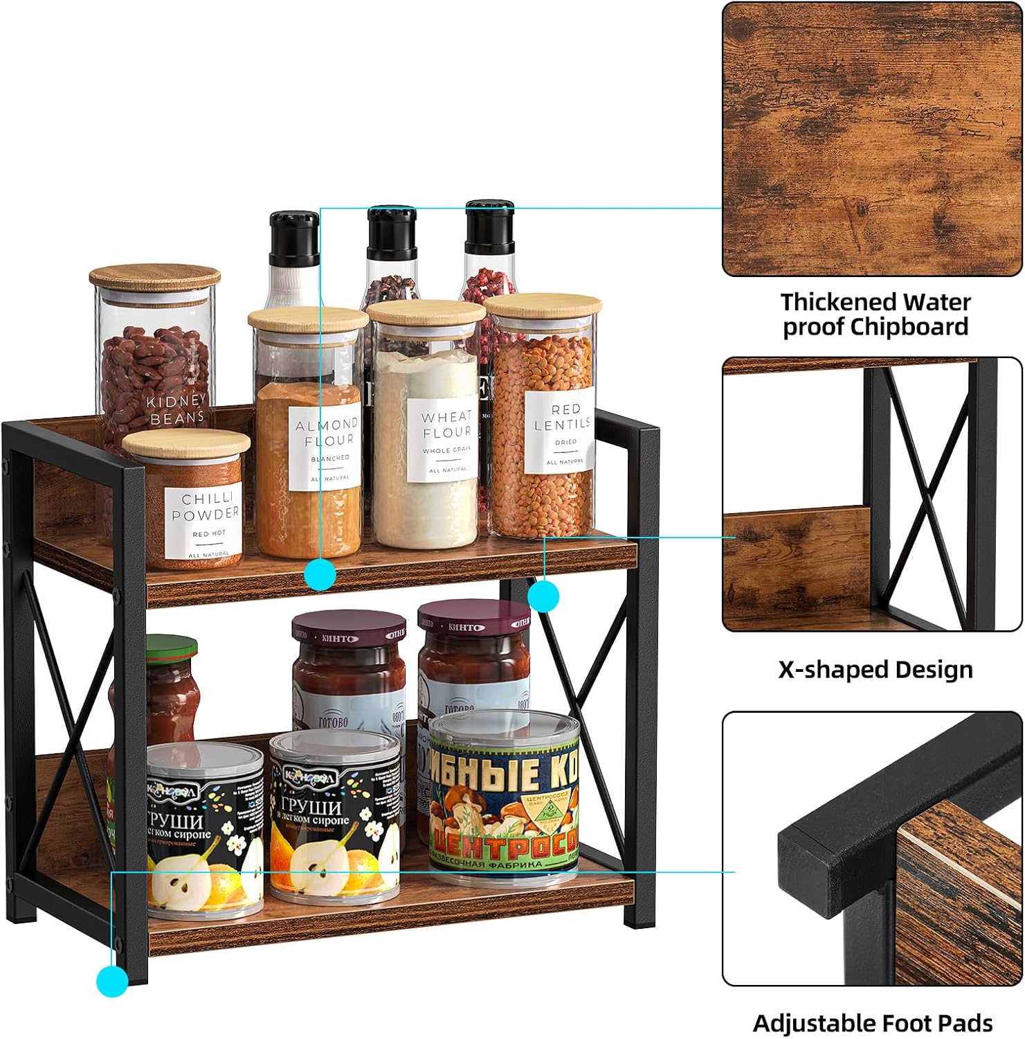 CARLA HOME 2-Tier Countertop Shelf Organizer Rustic Wood Kitchen Spice Rack view 4