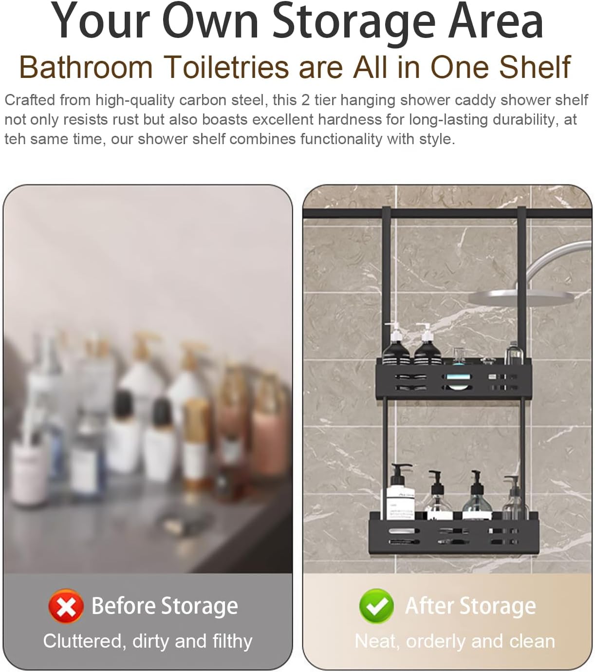 CARLA HOME Over the Door 2-tier Shower Caddy Organizer Shelf with Hooks for view 4
