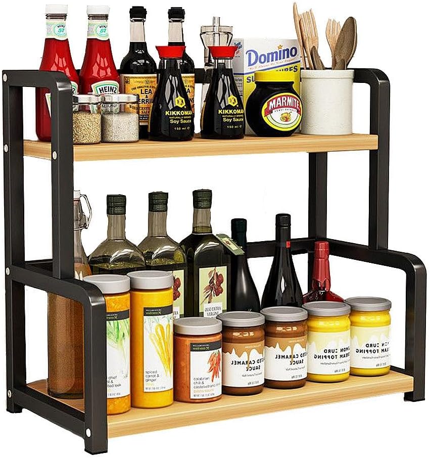 CARLA HOME 2-Tier Wooden Kitchen Countertop Spice Rack for Storage of Condiments