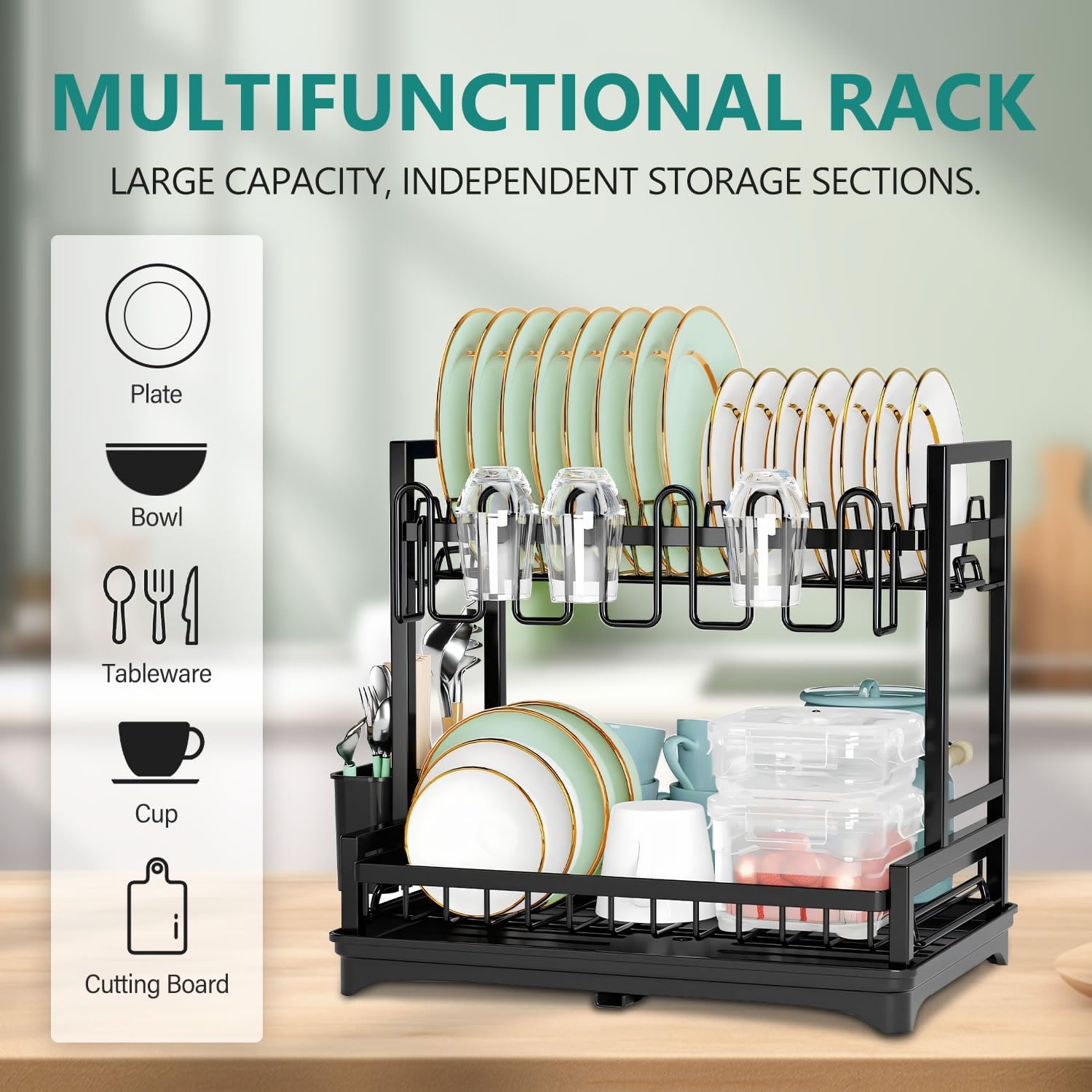 CARLA HOME Dish Drying Rack 2-Tier Kitchen Drainer with Drainboard view 2
