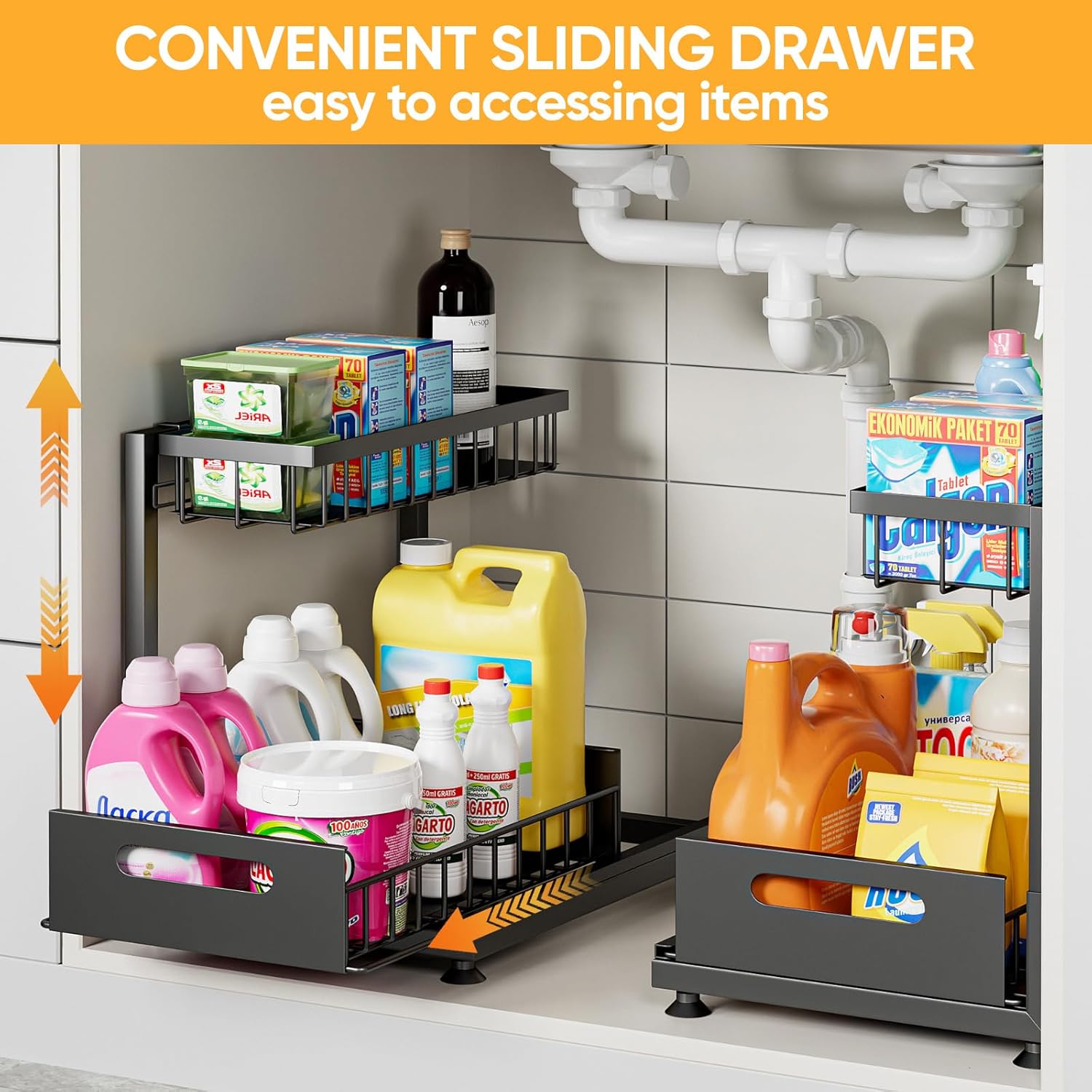 CARLA HOME 2 Tier Under Sink Organiser with Sliding Drawers for Kitchen & Bathroom view 3
