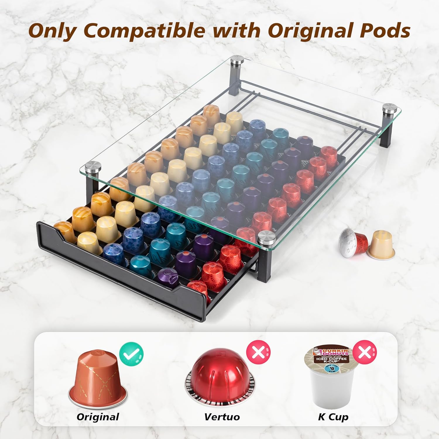 CARLA HOME 60 Coffee Pod Holder Drawer with Tempered Glass Capsule Organizer view 2