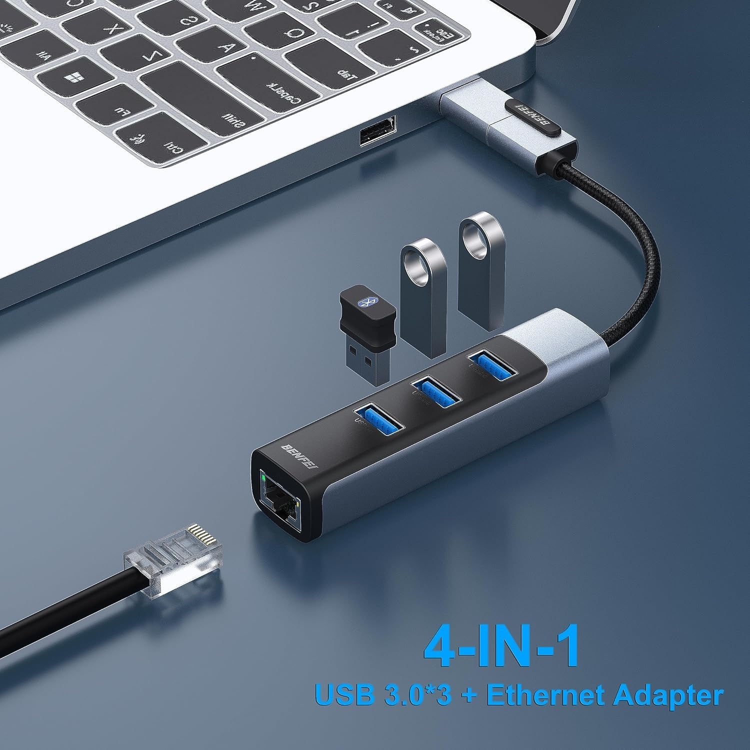 BENFEI 350GY 2-in-1 USB-C+USB 3.0 to RJ45 Gigabit Ethernet Port + 3-Port USB view 3