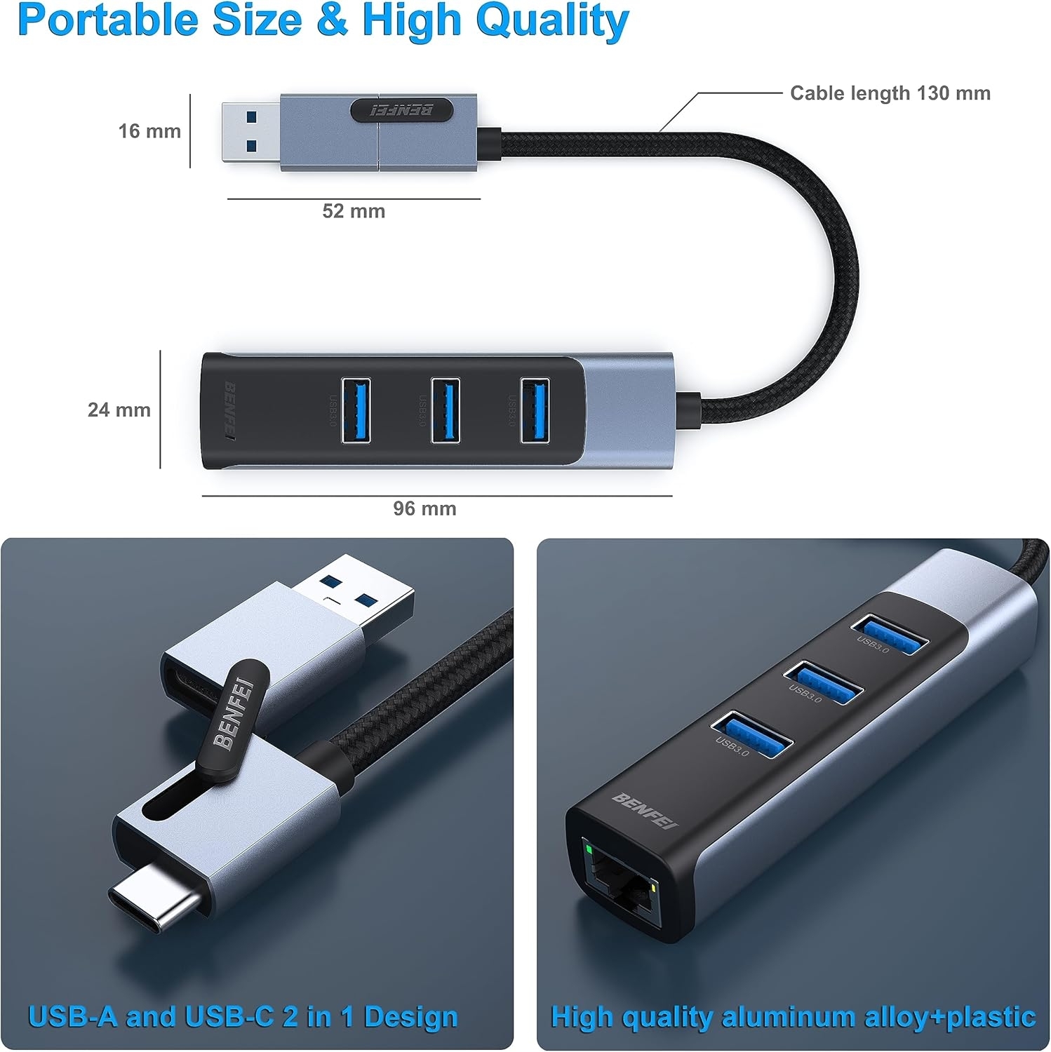 BENFEI 350GY 2-in-1 USB-C+USB 3.0 to RJ45 Gigabit Ethernet Port + 3-Port USB view 5