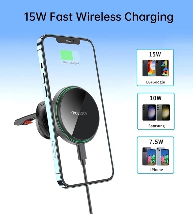 CHOETECH T204-F 15W Magnetic Car Charger Holder with LED Light (Aluminium view 2