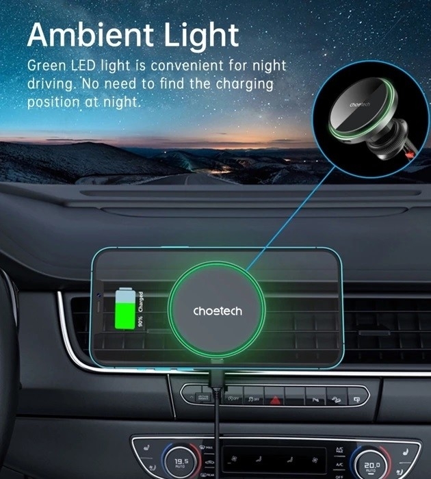 CHOETECH T204-F 15W Magnetic Car Charger Holder with LED Light (Aluminium view 8