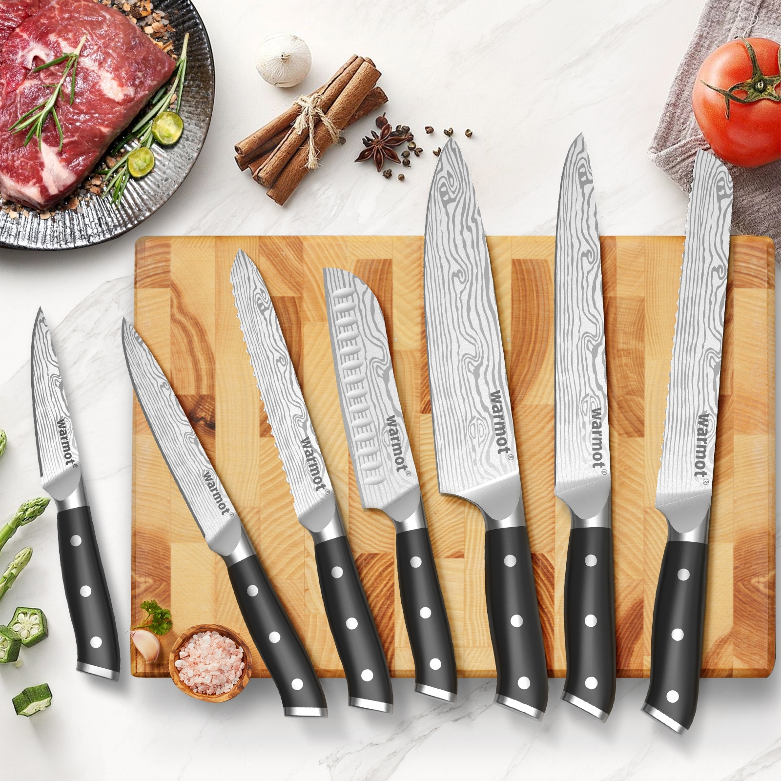 Warmot 7-Piece High Carbon Stainless Steel Cooking Knife Triple Riveted Handle view 6