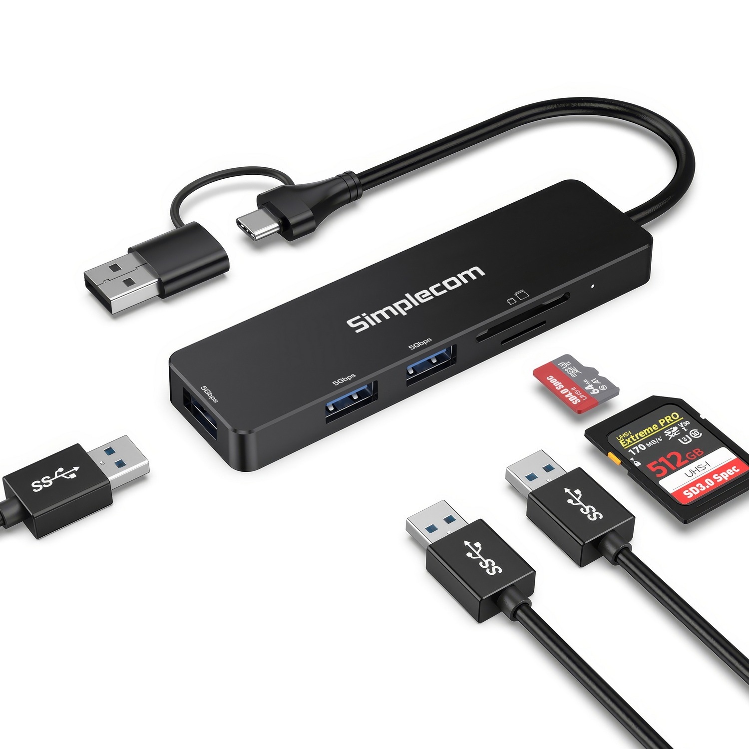 Simplecom CH365C SuperSpeed 3-Port USB Hub with SD MicroSD Card Reader USB-A view 2