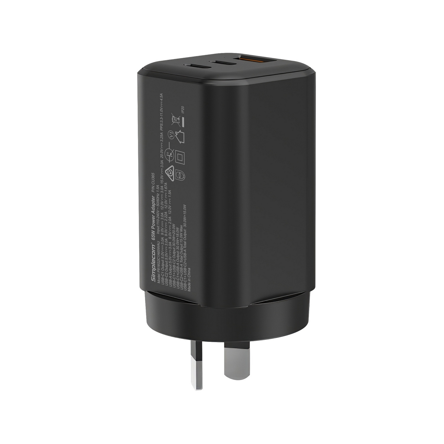 Simplecom CU365 3-Port PD 65W GaN Wall Charger Dual USB-C + USB-A for Phone Laptop view 4