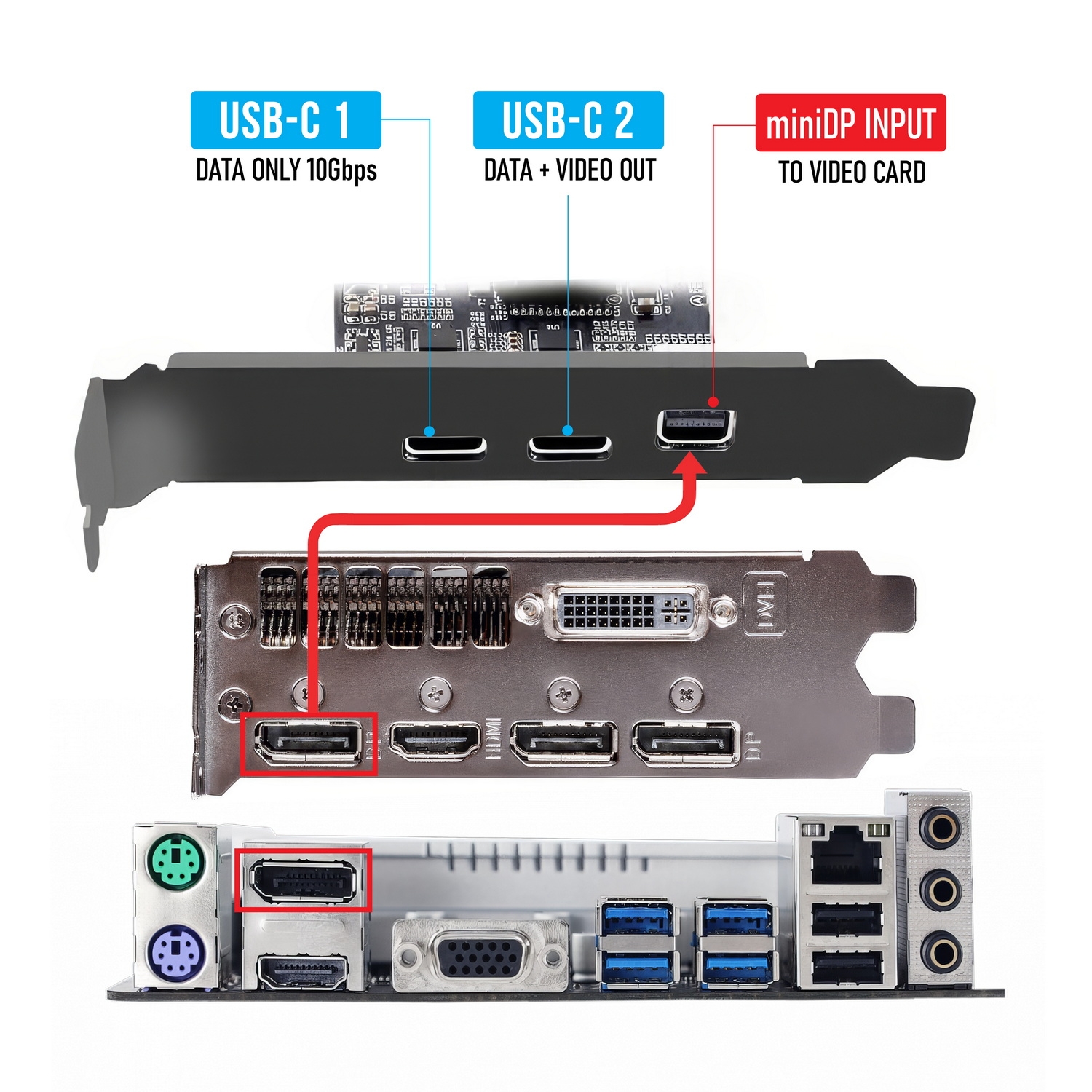 Simplecom EC365 PCIe x4 to 2-Port USB 3.2 Gen II Type-C with Mini DisplayPort view 3