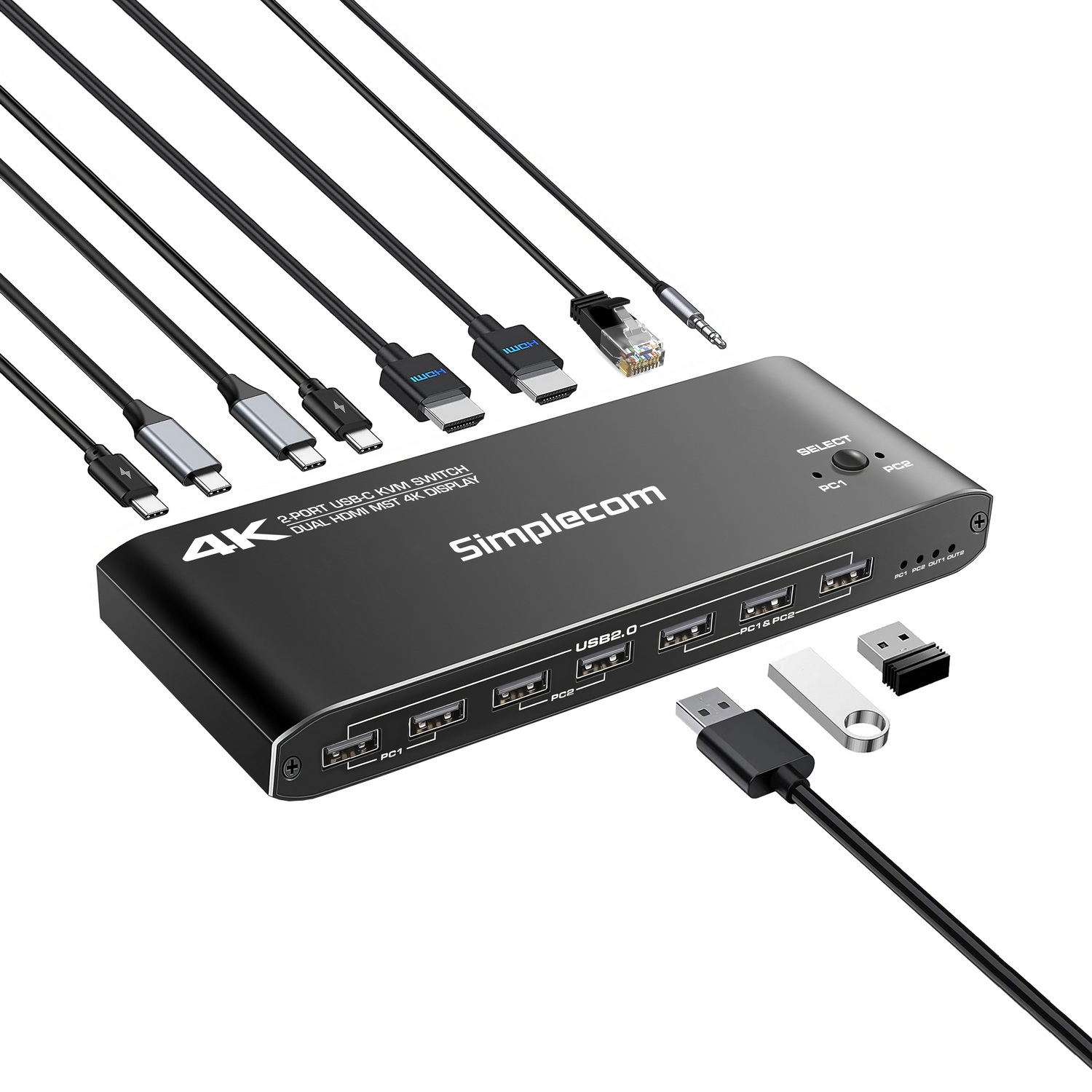 Simplecom KM590 2-Port USB-C Dual 4K HDMI Monitor KVM Switch and Docking view 3