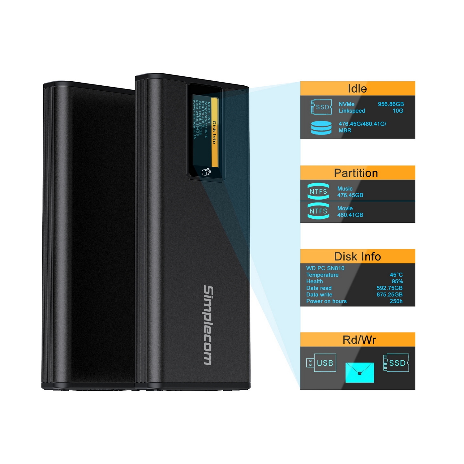 Simplecom SE530 NVMe / SATA M.2 SSD to USB-C Enclosure with SMART LED Screen view 2