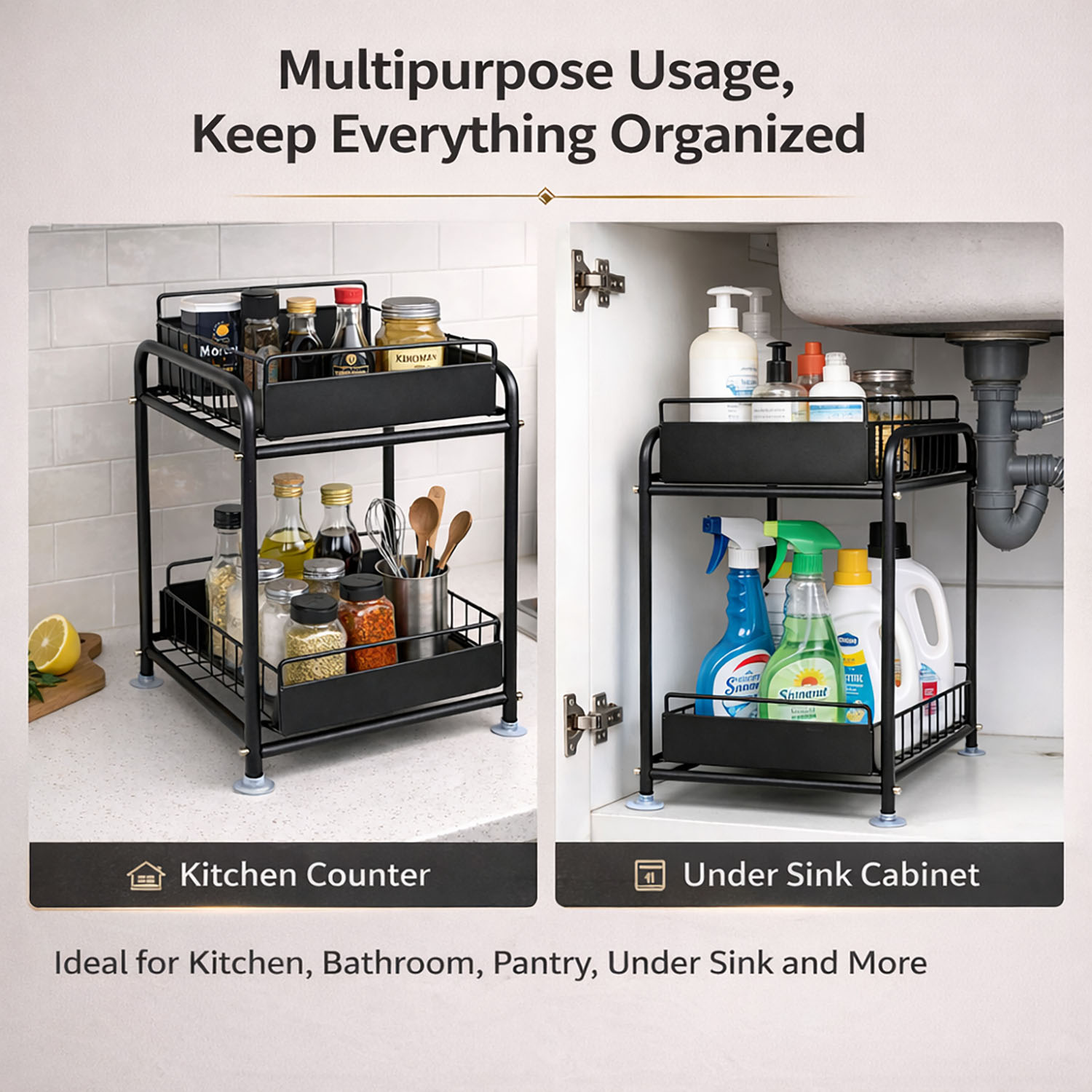 2 Tier Under Sink Storage Rack Kitchen Organizer Steel Frame with Removable view 8