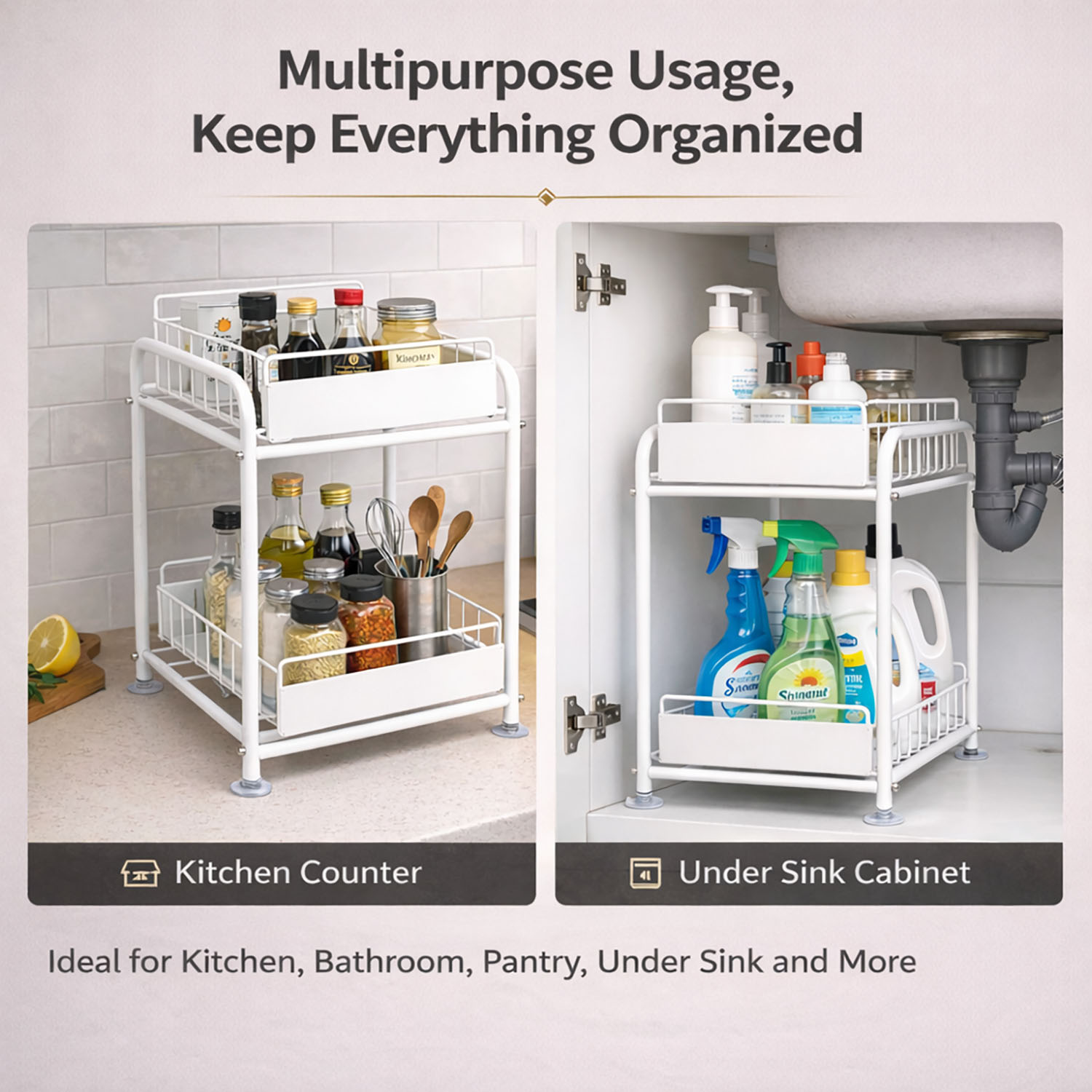 2 Tier Under Sink Storage Rack Kitchen Organizer Steel Frame with Removable view 4