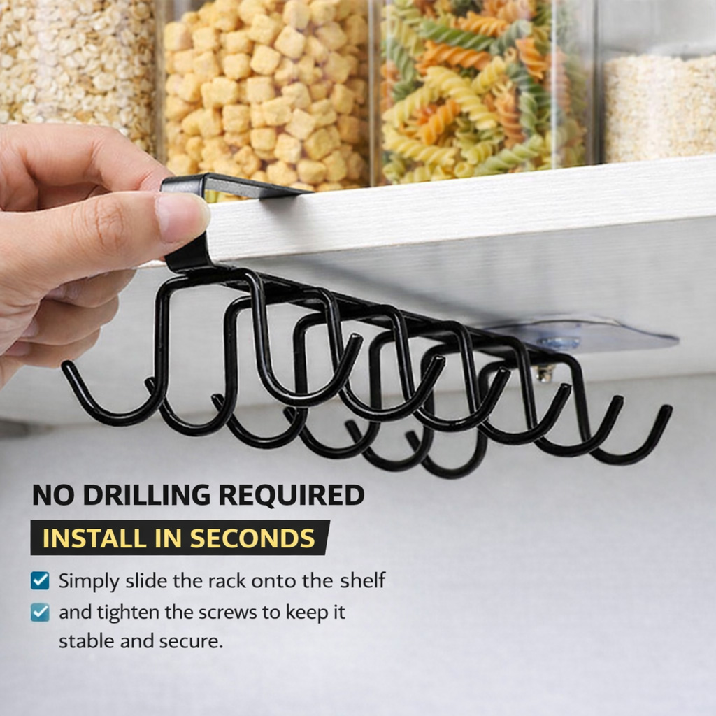 Under Cabinet Mug Holder 12 Hooks No Drill Cup Rack Organizer for Kitchen view 2