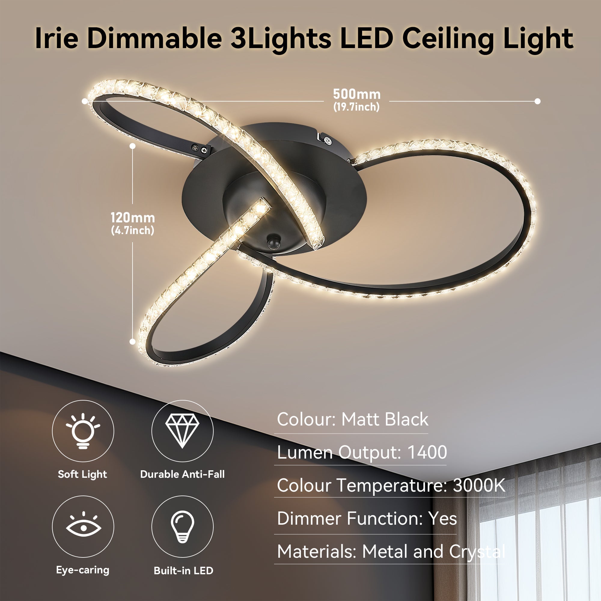 Irie Dimmable 3 Lights LED Ceiling Light - Black view 8