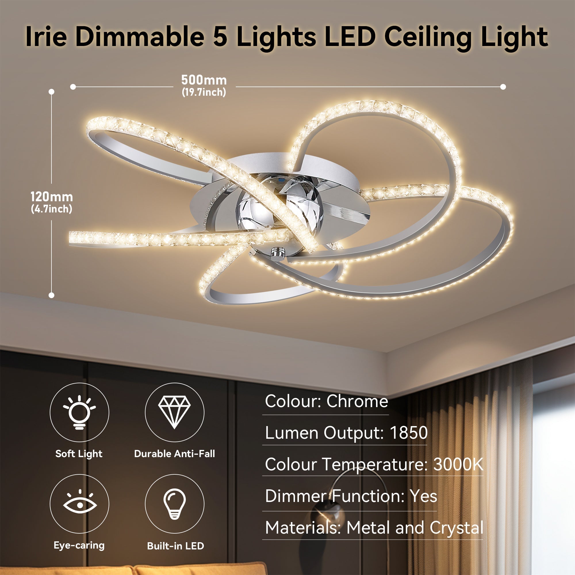 Irie Dimmable 5 Lights LED Ceiling Light - Chrome view 6
