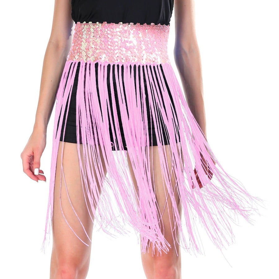 Sequin Belt w/ Fringe Skirt Belly Dance Dancer Costume Party - Light Pink — image 1