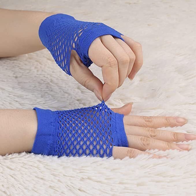 24 Pair Fishnet Gloves Fingerless Wrist Length 70s 80s Costume Party Bulk - Blue view 2