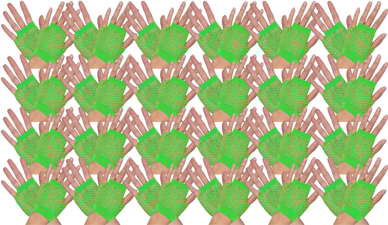 24 Pair Fishnet Gloves Fingerless Wrist Length 70s 80s Costume Party Fluro Green — image 1