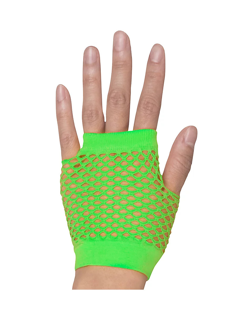 24 Pair Fishnet Gloves Fingerless Wrist Length 70s 80s Costume Party Fluro Green view 3