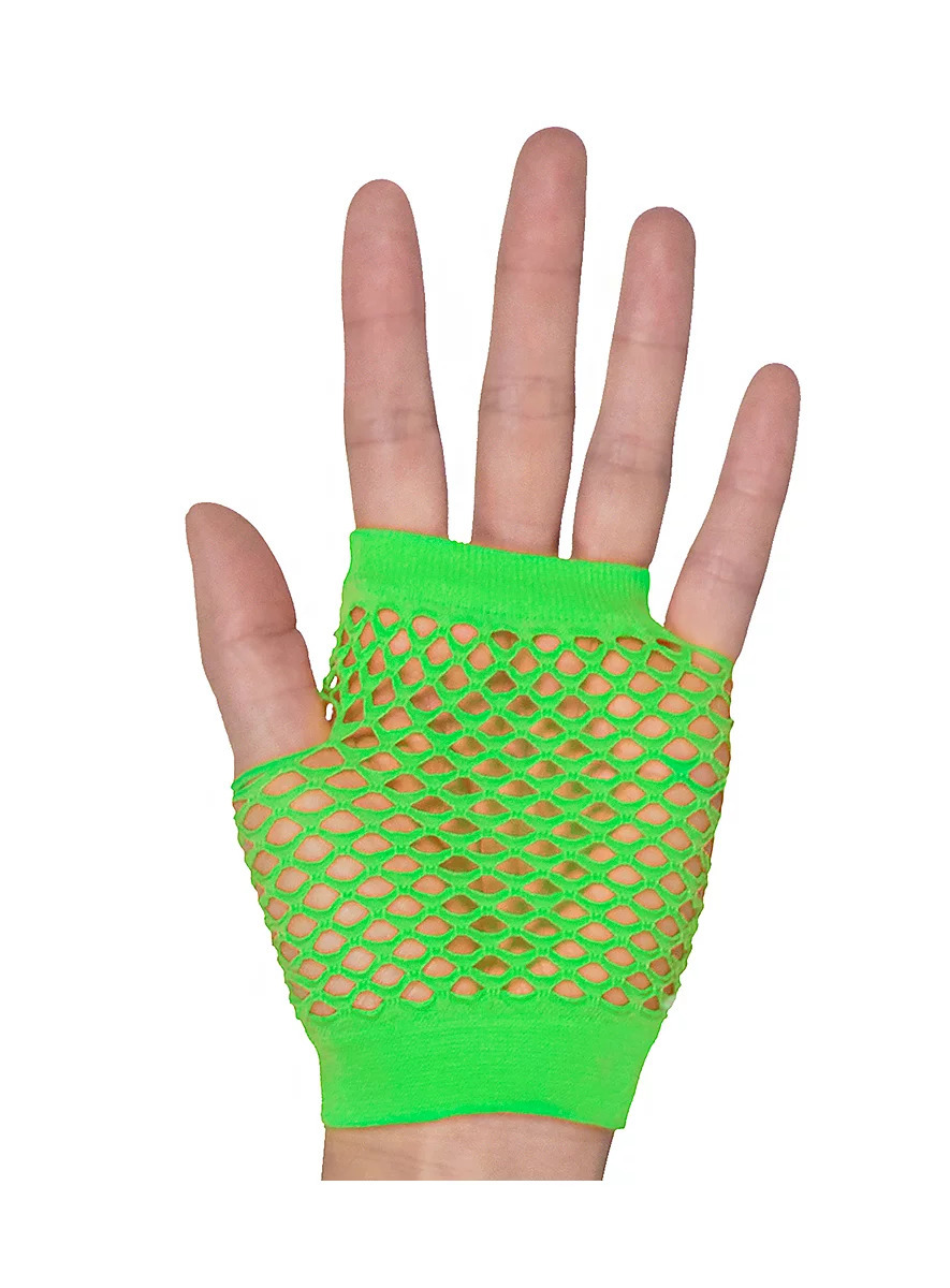 24 Pair Fishnet Gloves Fingerless Wrist Length 70s 80s Costume Party Fluro Green view 4