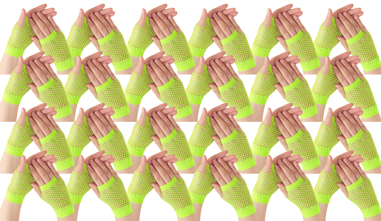 24 Pair Fishnet Gloves Fingerless Wrist Length 70s80s Costume Party Fluro Yellow — image 1