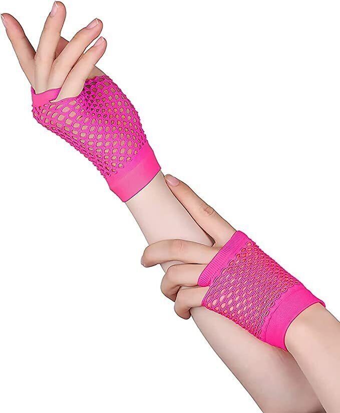 24 Pair Fishnet Gloves Fingerless Wrist Length 70s 80s Costume Party - Hot Pink view 4
