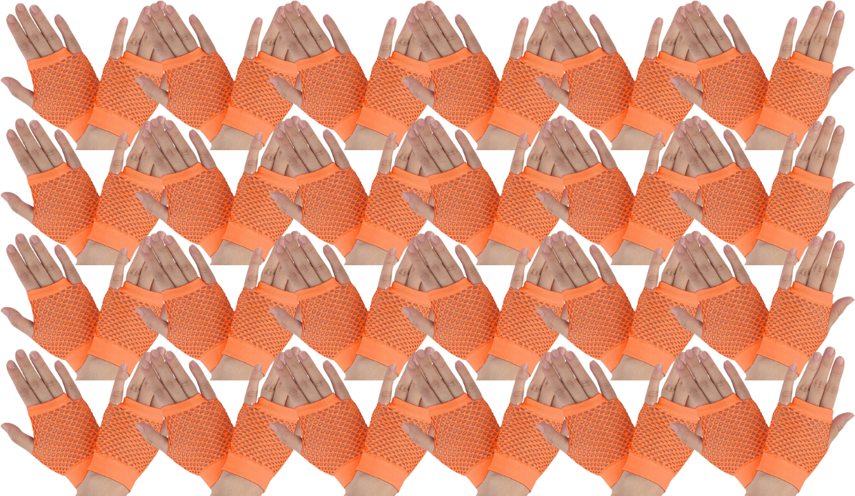 24 Pair Fishnet Gloves Fingerless Wrist Length 70s 80s Costume Party - Orange view 2