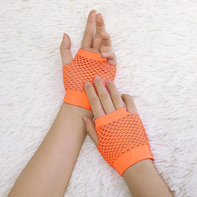24 Pair Fishnet Gloves Fingerless Wrist Length 70s 80s Costume Party - Orange view 3