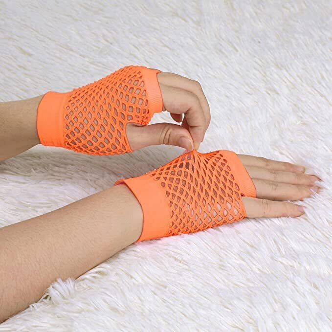 24 Pair Fishnet Gloves Fingerless Wrist Length 70s 80s Costume Party - Orange view 4