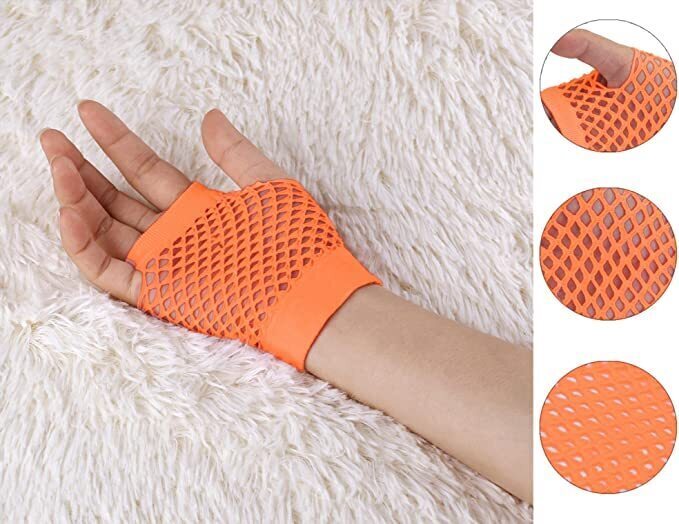 24 Pair Fishnet Gloves Fingerless Wrist Length 70s 80s Costume Party - Orange view 5