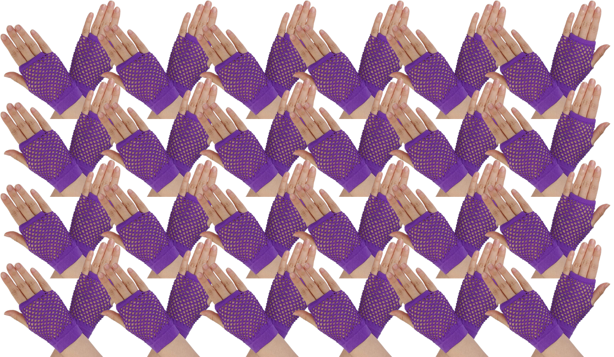 24 Pair Fishnet Gloves Fingerless Wrist Length 70s 80s Costume Party - Purple view 2