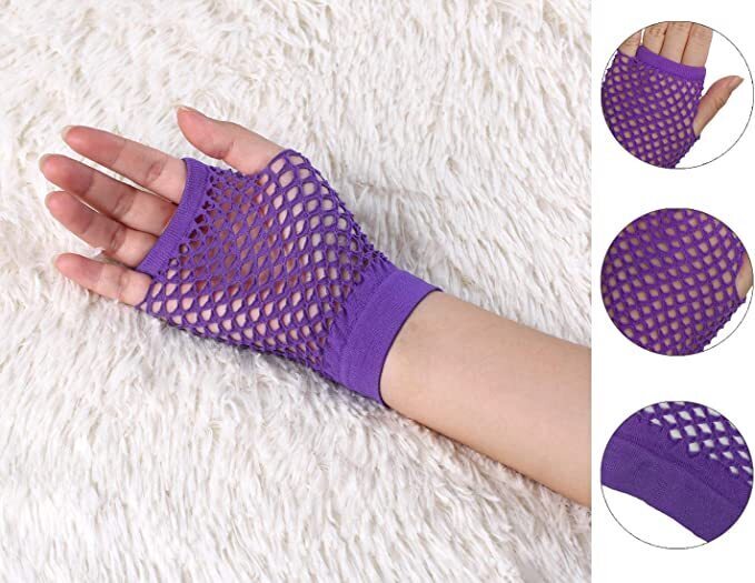 24 Pair Fishnet Gloves Fingerless Wrist Length 70s 80s Costume Party - Purple view 5